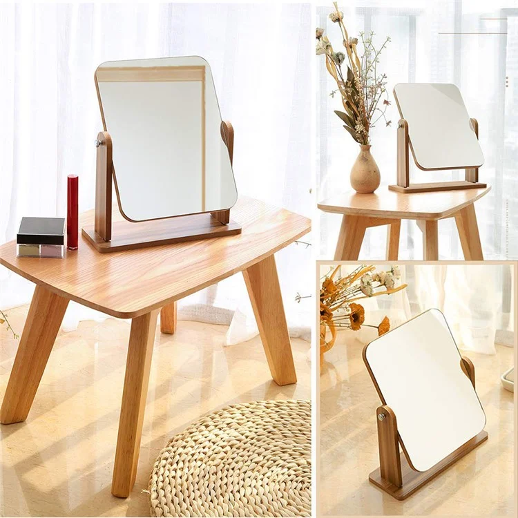 Espejo de tocador giratorio de 360 grados con base de madera, espejo de maquillaje de escritorio vintage, tamaño S