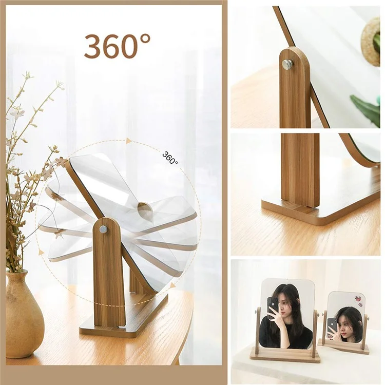 Espejo de tocador giratorio de 360 grados con base de madera, espejo de maquillaje de escritorio vintage, tamaño S