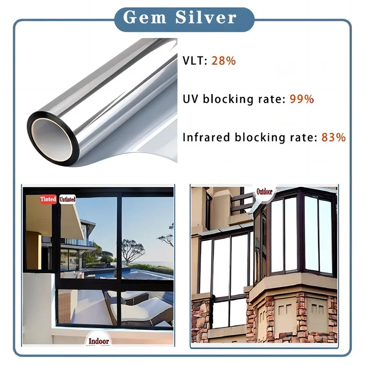 90 x 300cm Window Privacy Film Office Home Balcony One Way UV Blocking Static Cling Glass Film - Silver