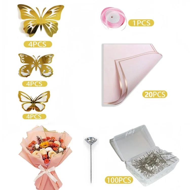 133Pcs DIY Flower Wrapping Paper Set with Ribbon Pins and Golden Butterfly Decor - Pink

Conjunto de papel de embrulho de flores DIY com 133 peças, fitas, alfinetes e decoração de borboleta dourada - Rosa