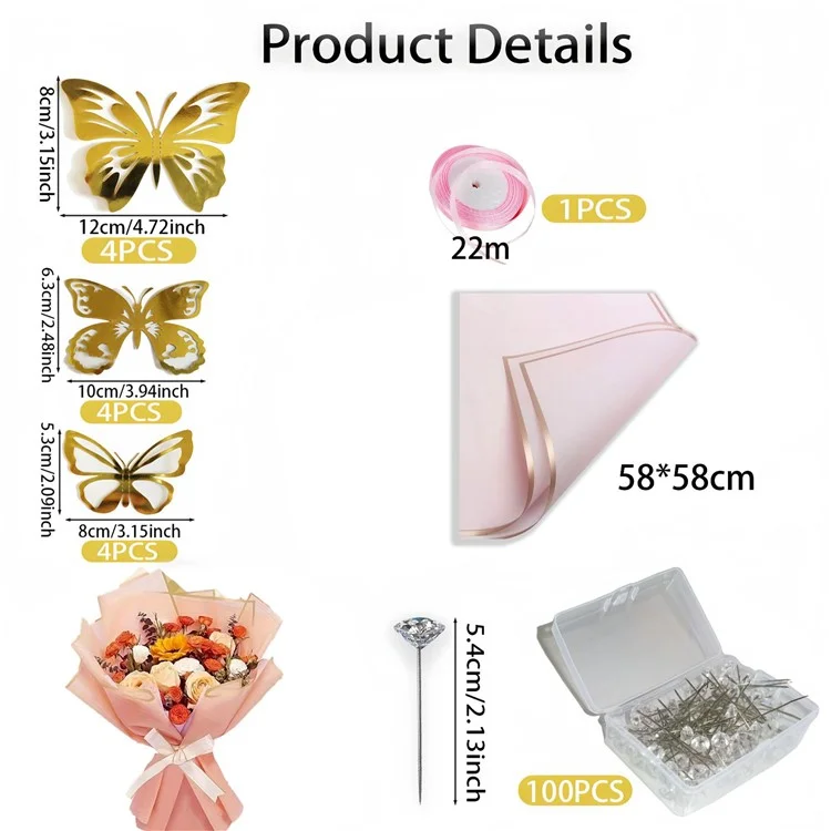133Pcs DIY Flower Wrapping Paper Set with Ribbon Pins and Golden Butterfly Decor - Pink

Conjunto de papel de embrulho de flores DIY com 133 peças, fitas, alfinetes e decoração de borboleta dourada - Rosa