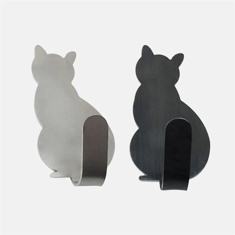 2Pcs Bathroom Storage Holder Cat Pattern Stainless Steel Kitchen Hanger Self-adhesive Hooks Towel Racks Door Clothes Wall Hanger - Black