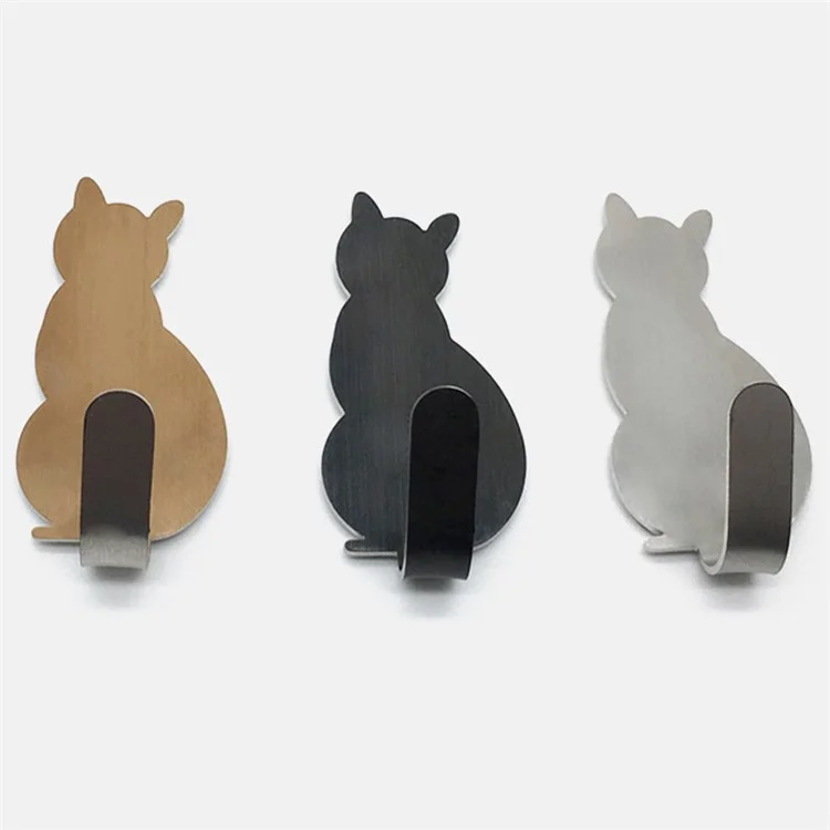 2Pcs Bathroom Storage Holder Cat Pattern Stainless Steel Kitchen Hanger Self-adhesive Hooks Towel Racks Door Clothes Wall Hanger - Black