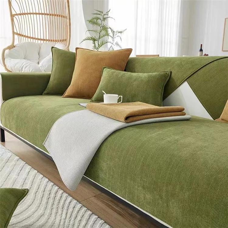 110 x 180cm Solid Color Soft Chenille Sofa Cover Non Slip Couch Protector Slipcover - Matcha Green