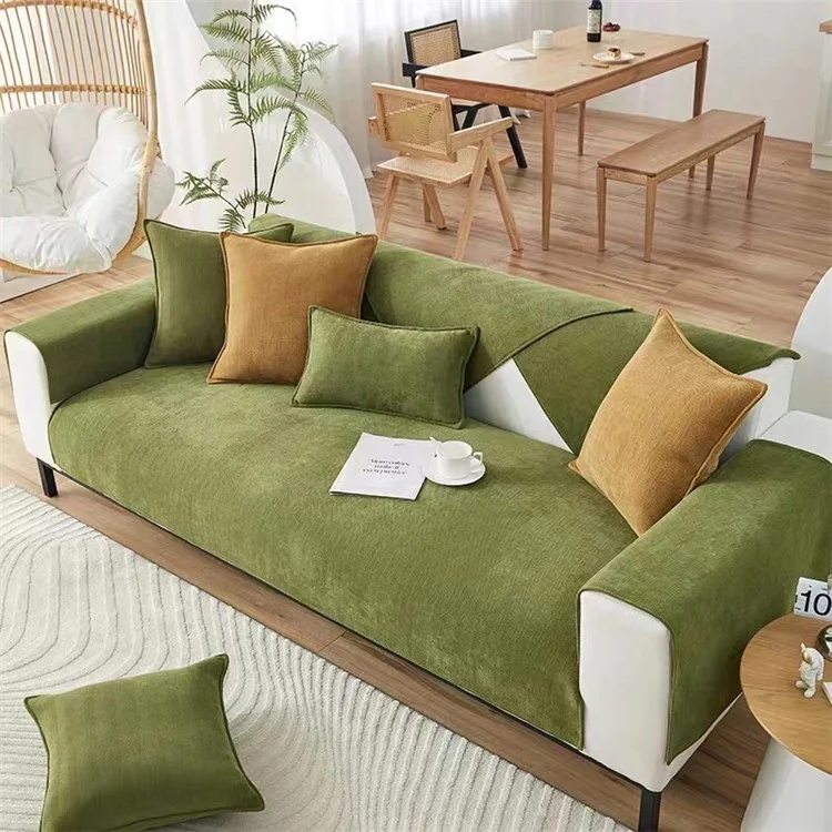 110 x 180cm Solid Color Soft Chenille Sofa Cover Non Slip Couch Protector Slipcover - Matcha Green