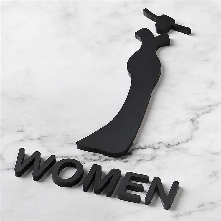 Plaque de porte de salle de bain acrylique de 20 x 12 cm avec adhésif, signalétique 3D pour toilettes publiques - Style femme A / Noir
