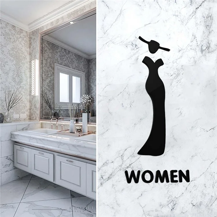 Plaque de porte de salle de bain acrylique de 20 x 12 cm avec adhésif, signalétique 3D pour toilettes publiques - Style femme A / Noir