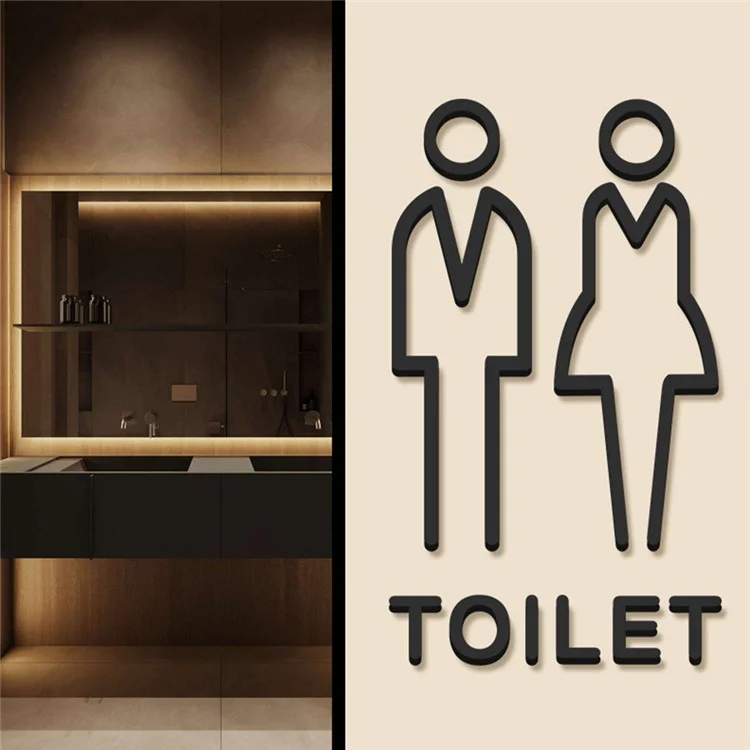 Plaque de porte de salle de bain acrylique de 20 x 12 cm avec adhésif, signalétique 3D pour toilettes publiques - Style femme A / Noir