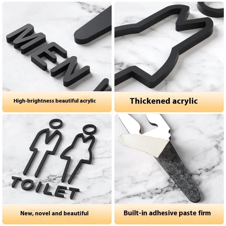 Cartello per porta del bagno in acrilico da 25 x 15 cm, adesivo, segnaletica 3D per bagno pubblico per ufficio - Stile donna A / Nero