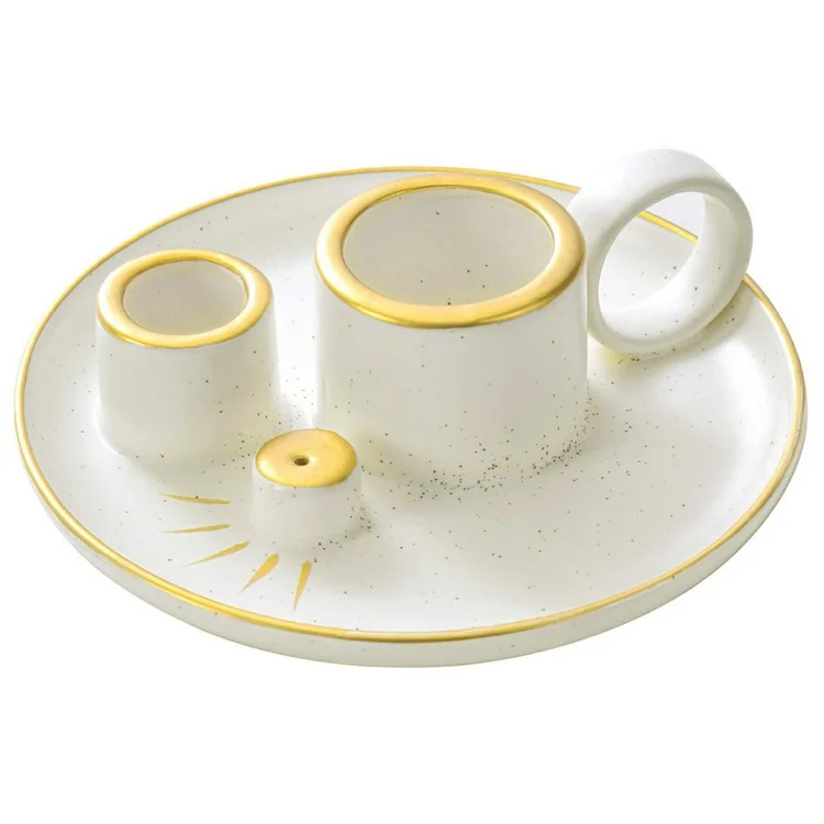 Keramischer Räucherstäbchenhalter Schale Kerzenhalter für die Meditation - Weiß+Gold