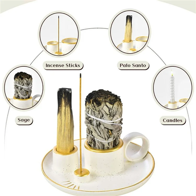 Keramischer Räucherstäbchenhalter Schale Kerzenhalter für die Meditation - Weiß+Gold