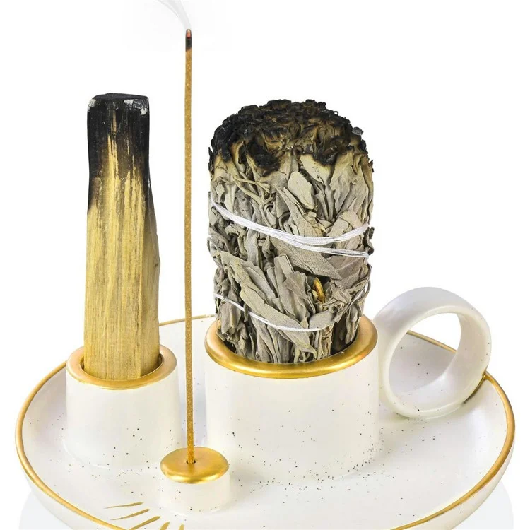 Keramischer Räucherstäbchenhalter Schale Kerzenhalter für die Meditation - Weiß+Gold