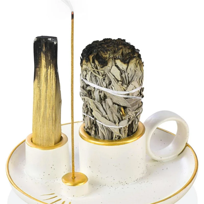 Sage Holder Ceramic Incense Burner Bowl Candle Stick Holder Tray for Meditation - White