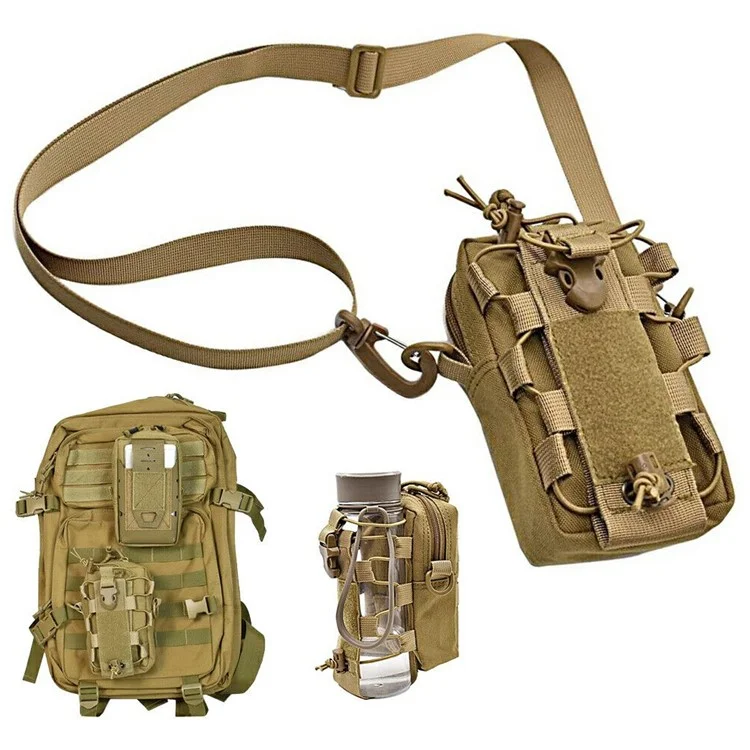 Tactical Outdoor Hiking Camping Waist Pack Small Hanging Bag with Water Bottle Holder - Khaki