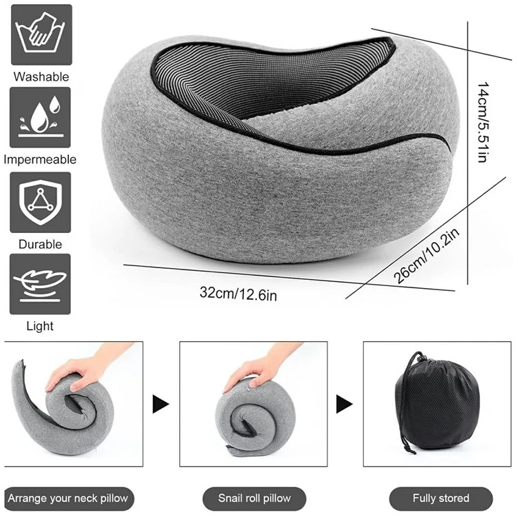 Memory Foam Snail Travel Pillow Portable U-Shaped Airplane Office Nap Neck Support Pillow - Navy Blue
