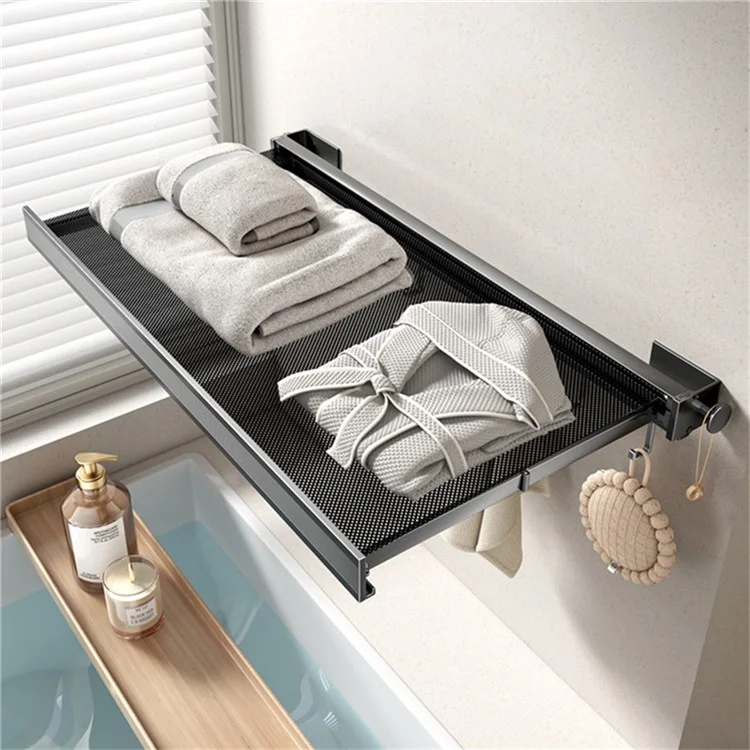 60cm Retractable Clothes Drying Rack Nail Free Folding Laundry Hanger with 8 Hooks for Balcony Bathroom - Tarnish