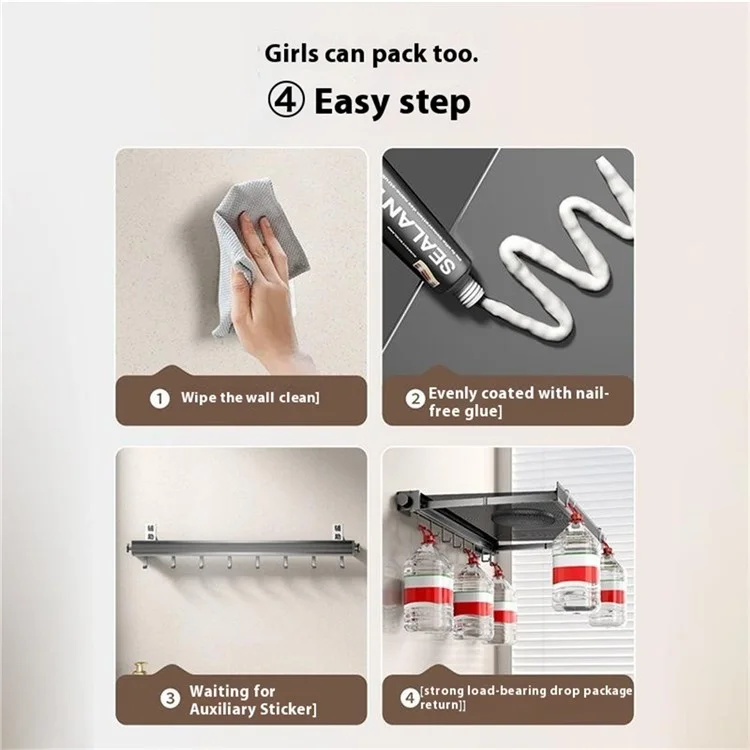 60cm Retractable Clothes Drying Rack Nail Free Folding Laundry Hanger with 8 Hooks for Balcony Bathroom - Tarnish