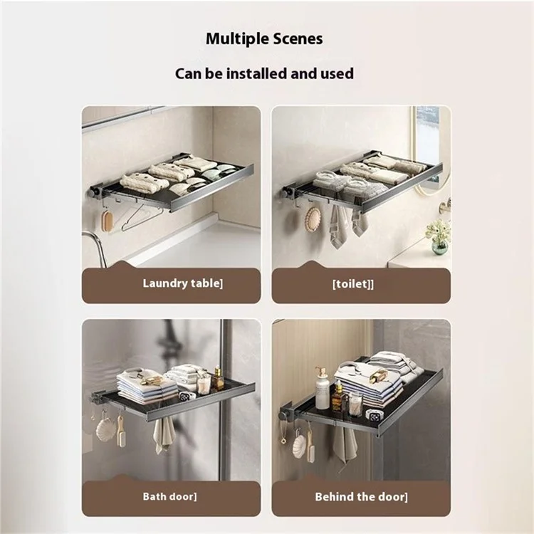 60cm Retractable Clothes Drying Rack Nail Free Folding Laundry Hanger with 8 Hooks for Balcony Bathroom - Tarnish