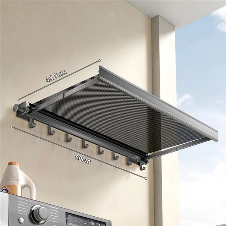 60cm Retractable Clothes Drying Rack Nail Free Folding Laundry Hanger with 8 Hooks for Balcony Bathroom - Tarnish