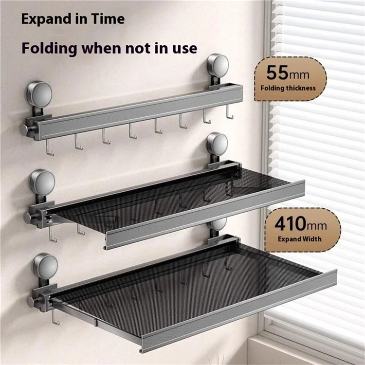 60cm Retractable Towel Rack Bathroom Suction Cup Mount Foldable Shelf with 8 Hooks