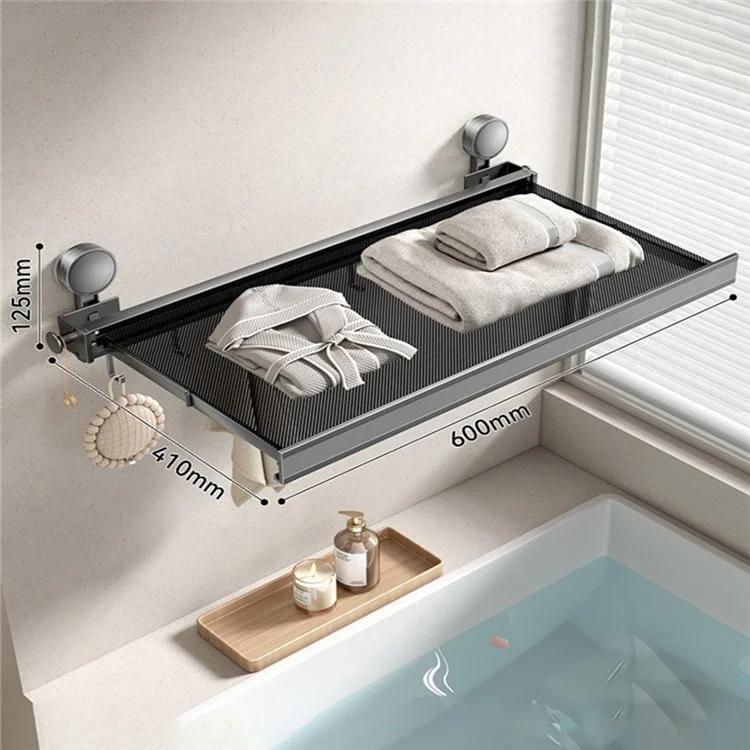 60cm Retractable Towel Rack Bathroom Suction Cup Mount Foldable Shelf with 8 Hooks