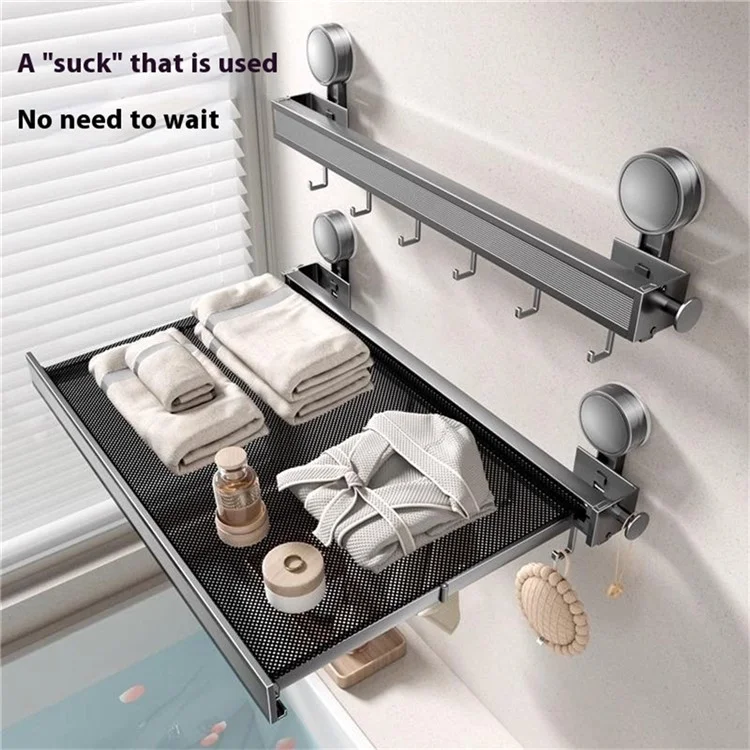 60cm Retractable Towel Rack Bathroom Suction Cup Mount Foldable Shelf with 8 Hooks