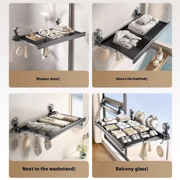 60cm Retractable Towel Rack Bathroom Suction Cup Mount Foldable Shelf with 8 Hooks