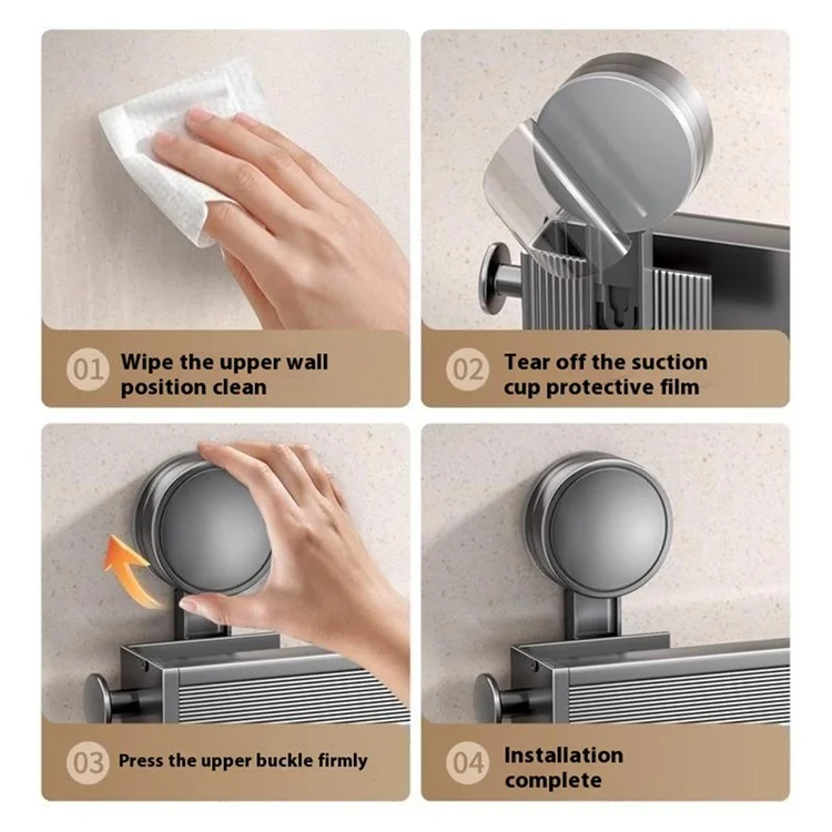 60cm Retractable Towel Rack Bathroom Suction Cup Mount Foldable Shelf with 8 Hooks