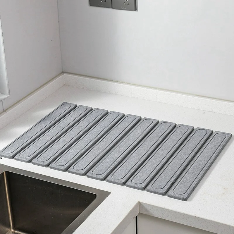 Foldable Rectangular Strips Diatomite Quick Dry Countertop Mat Water Absorbent Non Slip Insulation Pad - Medium Grey