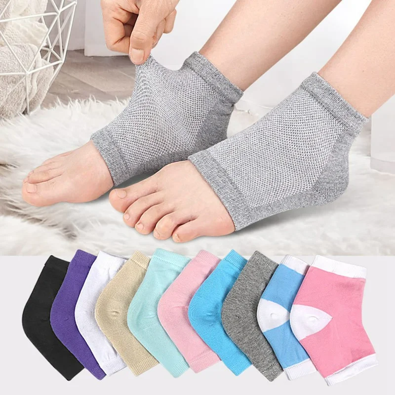 001 1 Pair Gel Heel Crack Socks Half Cut Mesh Breathable Cotton Socks Heel Protection - Grey