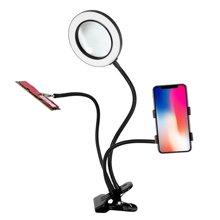 Lupa iluminadora de 160 mm 3160A con rotación de 360 grados y 10X de aumento, con luz de relleno y abrazadera para teléfono