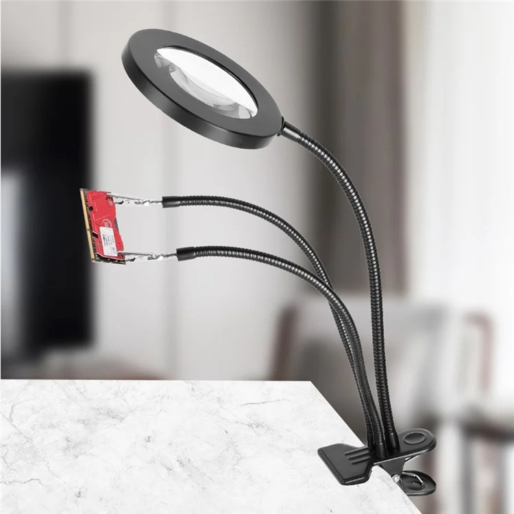 Lupa iluminadora de 160 mm 3160A con rotación de 360 grados y 10X de aumento, con luz de relleno y abrazadera para teléfono