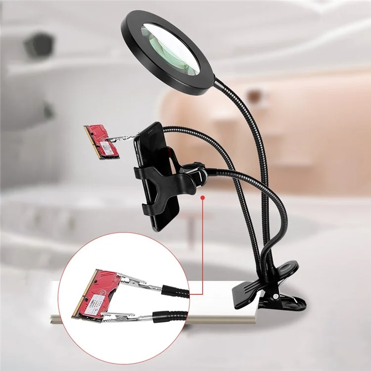 Lupa iluminadora de 160 mm 3160A con rotación de 360 grados y 10X de aumento, con luz de relleno y abrazadera para teléfono
