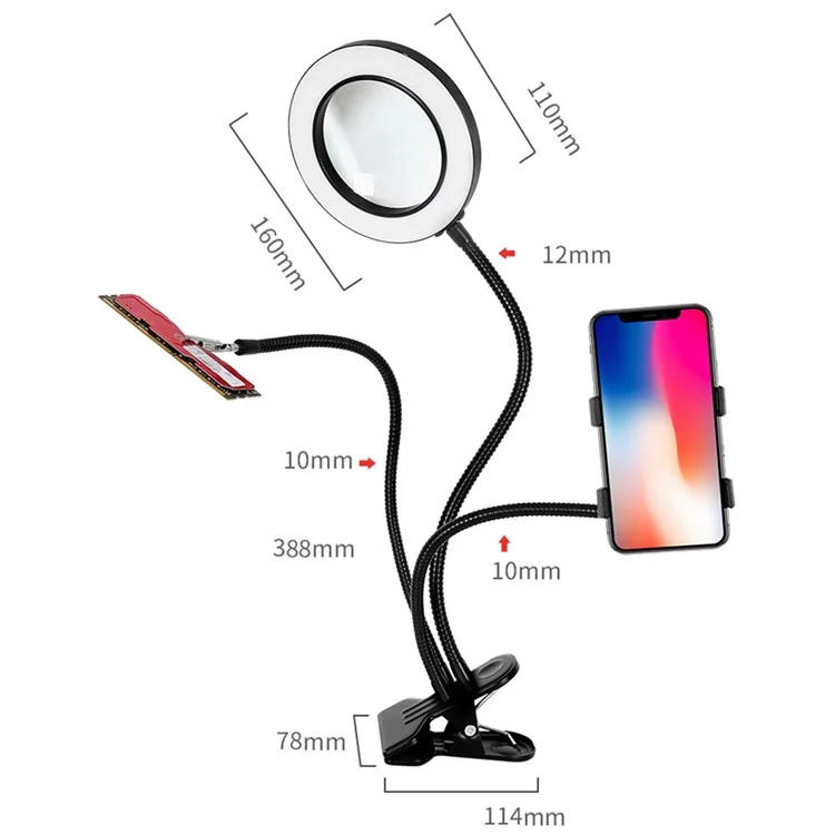 Lupa iluminadora de 160 mm 3160A con rotación de 360 grados y 10X de aumento, con luz de relleno y abrazadera para teléfono