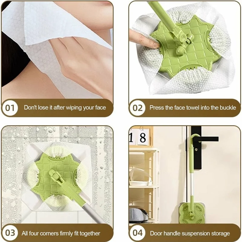 4 Sections Pole Household Disposable Face Towel Mop Dust Removal Floor Cleaner - Cream White
