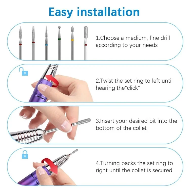 Conjunto de 6 brocas de lixa para unhas Removedor de cutícula Cabeças de lima para unhas Acessórios para máquina de manicure
