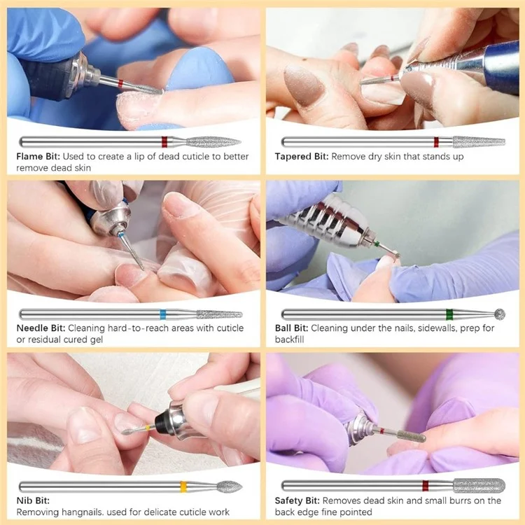 Conjunto de 6 brocas de lixa para unhas Removedor de cutícula Cabeças de lima para unhas Acessórios para máquina de manicure