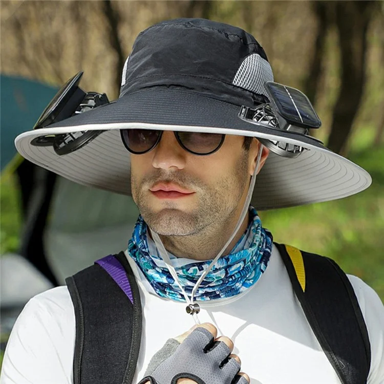 Detachable Solar Powered Fan Hat Wide Brim Summer Outdoor Sun Protection Cap for Men Hiking Fishing - Black