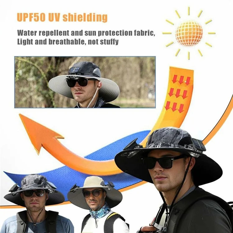 Detachable Solar Powered Fan Hat Wide Brim Summer Outdoor Sun Protection Cap for Men Hiking Fishing - Black