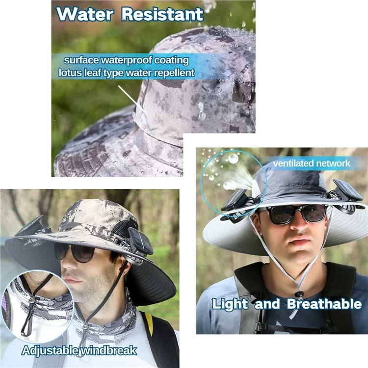 Detachable Solar Powered Fan Hat Wide Brim Summer Outdoor Sun Protection Cap for Men Hiking Fishing - Mixed B