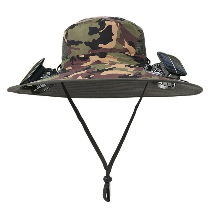 Gorra de ala ancha con ventilador solar desmontable para protección solar de verano al aire libre para hombres senderismo pesca - Camuflaje A
