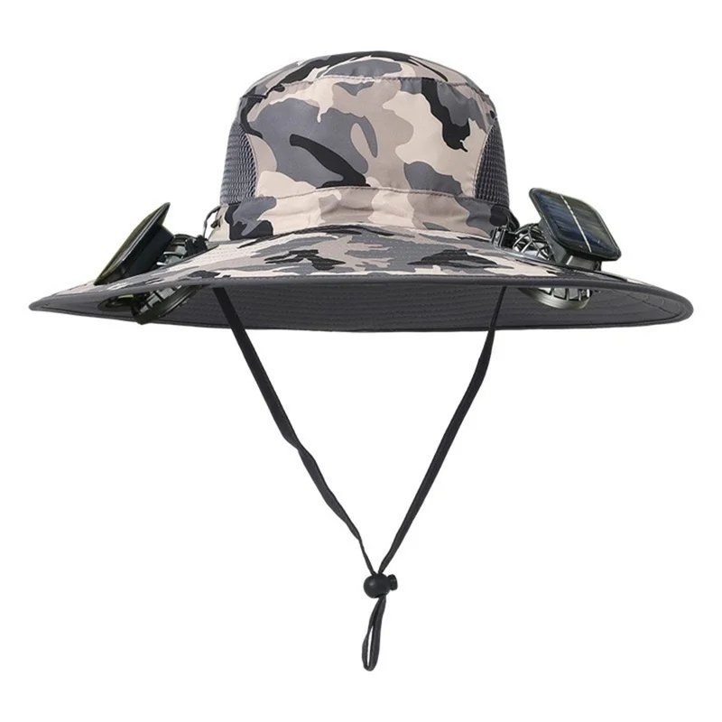 Detachable Solar Powered Fan Hat Wide Brim Summer Outdoor Sun Protection Cap for Men Hiking Fishing - Camo B
