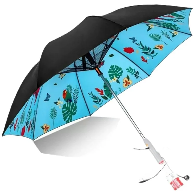 Ombrello con Ventilatore e Spray Nebulizzante, Protezione UV, Parasole Ricaricabile USB per Sollievo dal Caldo Estivo - Bird