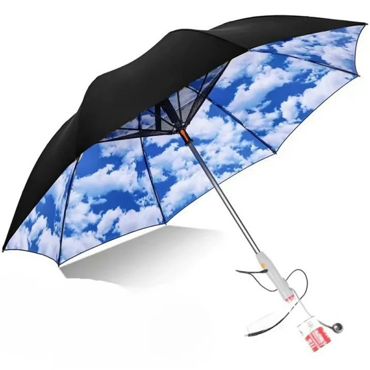 Umbrella with Fan and Mist Spray UV Protection Sun Shade USB Rechargeable Umbrella for Summer Heat Relief - Blue Sky White Clouds