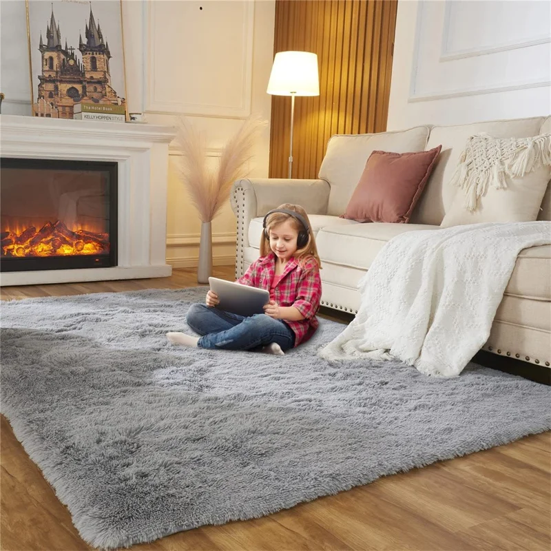 160 x 200cm Solid Color Fluffy Mat for Living Room Non Slip Floor Carpet Kids Room Area Rug - Silver Grey