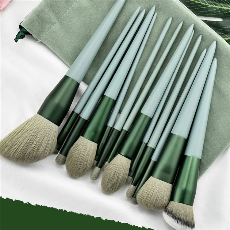 13Pcs Makeup Brush Set Cosmetic Brushes Soft Fiber Foundation / Contour / Blending Tools with Velvet Pouch - Green