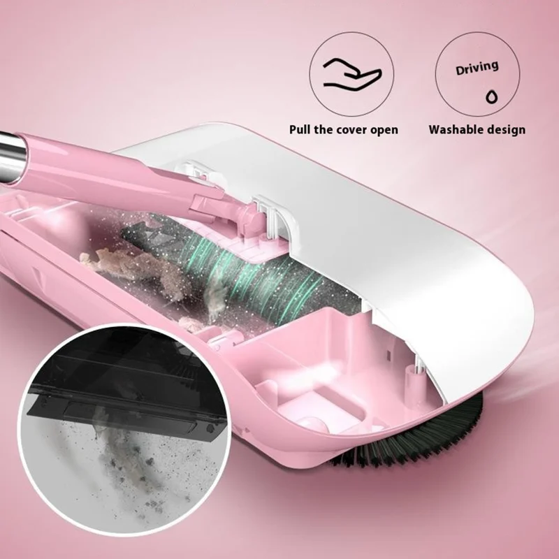2 in 1 Sweeper Manual Push Carpet Cleaning Mop Crumb Brush with 2 Replacement Pads - Pink