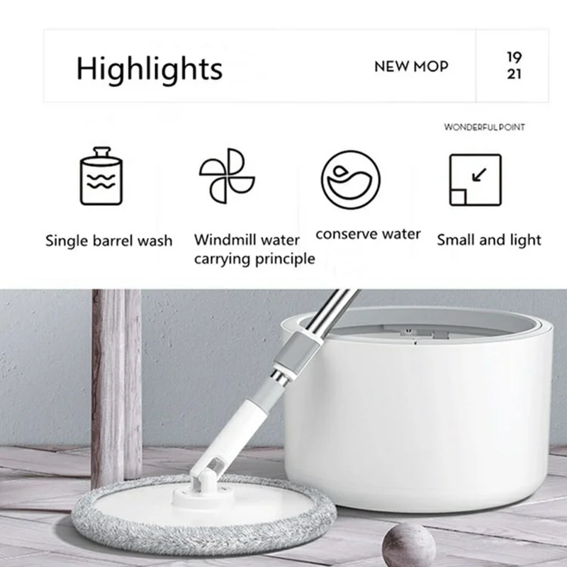 Rotating Single Bucket Mop Hands-Free Spin Mop Floor Cleaning Tool with 3 Microfiber Mop Heads - White
