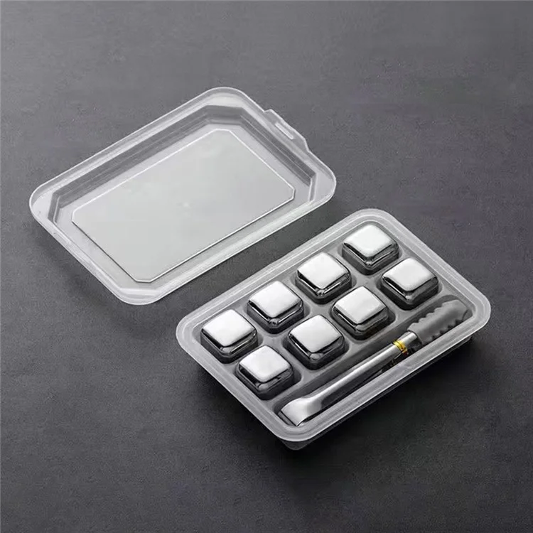 Blocchi di ghiaccio riutilizzabili in acciaio inossidabile 304 - 8 Pezzi, Pietre da whisky per raffreddare con pinze in silicone per vino / whisky