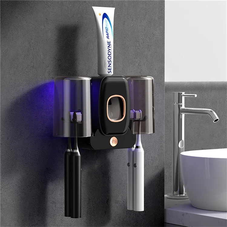 Wall Mounted Toothbrush Holder UV Sanitizer Smart Electric Toothbrush Cup Organizer with Toothpaste Dispenser - Black